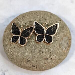 BUTTERFLY Gold and Black Filagree 3D Hook Earrings
